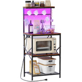 Kitchen Bakers Rack with Power Outlet & LED Lights, Small Coffee Bar Table with Adjustable Storage Shelf, 4 Tiers Microwave Stand with 8 Hooks, Coffee Station for Appliance Organizer, Rustic Brown Korfile