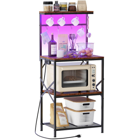Kitchen Bakers Rack with Power Outlet & LED Lights, Small Coffee Bar Table with Adjustable Storage Shelf, 4 Tiers Microwave Stand with 8 Hooks, Coffee Station for Appliance Organizer, Rustic Brown Korfile