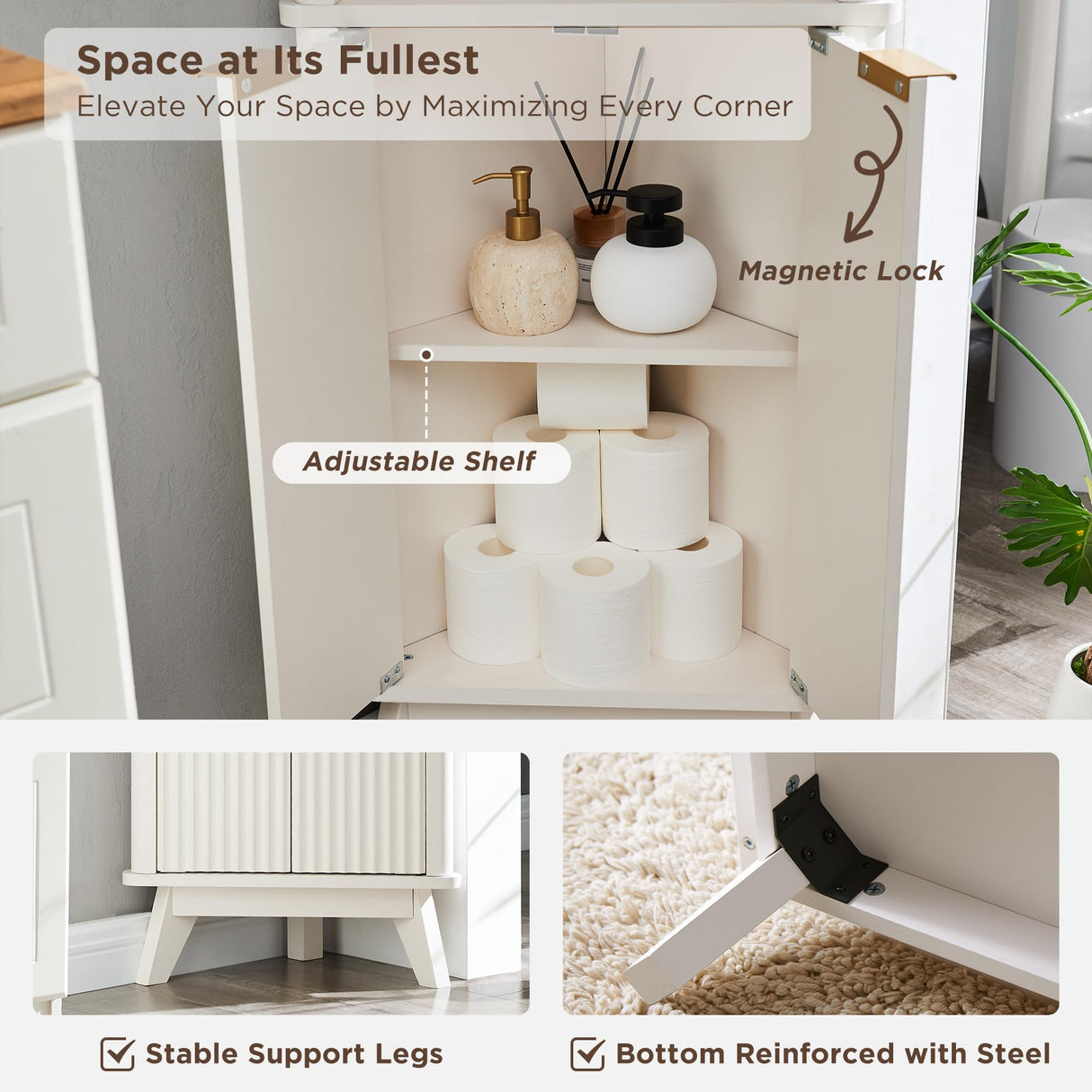 RedLemon 68" Tall Corner Cabinet, Modern Fluted Storage Cabinet with Faux Marble Top & Adjustable Shelves, Curved Profile Design, Space Saver for Bathroom, Living Room, Kitchen, Off White RedLemon