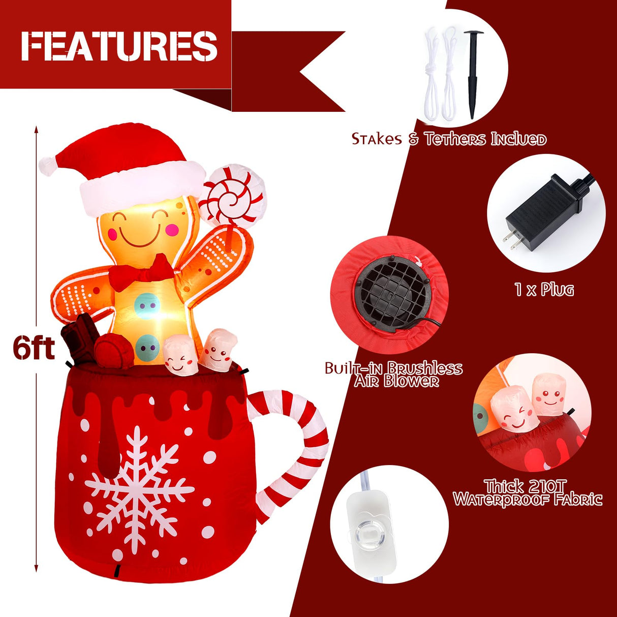 Crowye 6 FT Christmas Inflatables Gingerbread Inflatable Christmas Outdoor Decorations Cute Blow up Gingerbread Man in Hot Cocoa Mug with LED Light for Yard Garden Lawn Xmas Holiday Party Decor Crowye