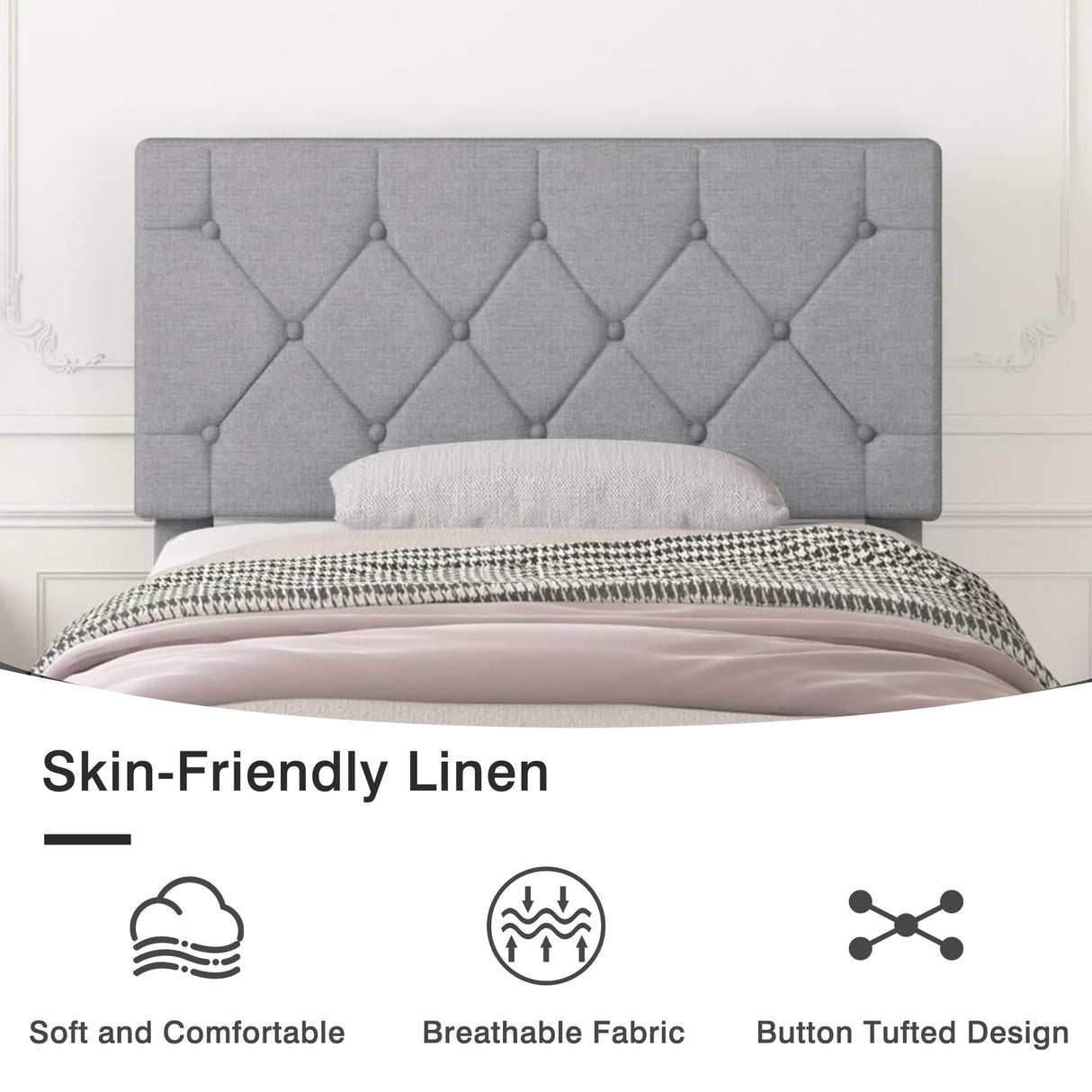 VECELO Twin Bed Frame with Button Tufted Headboard, Upholstered Platform with Wooden Slat Support, No Box Spring Needed, Grey VECELO