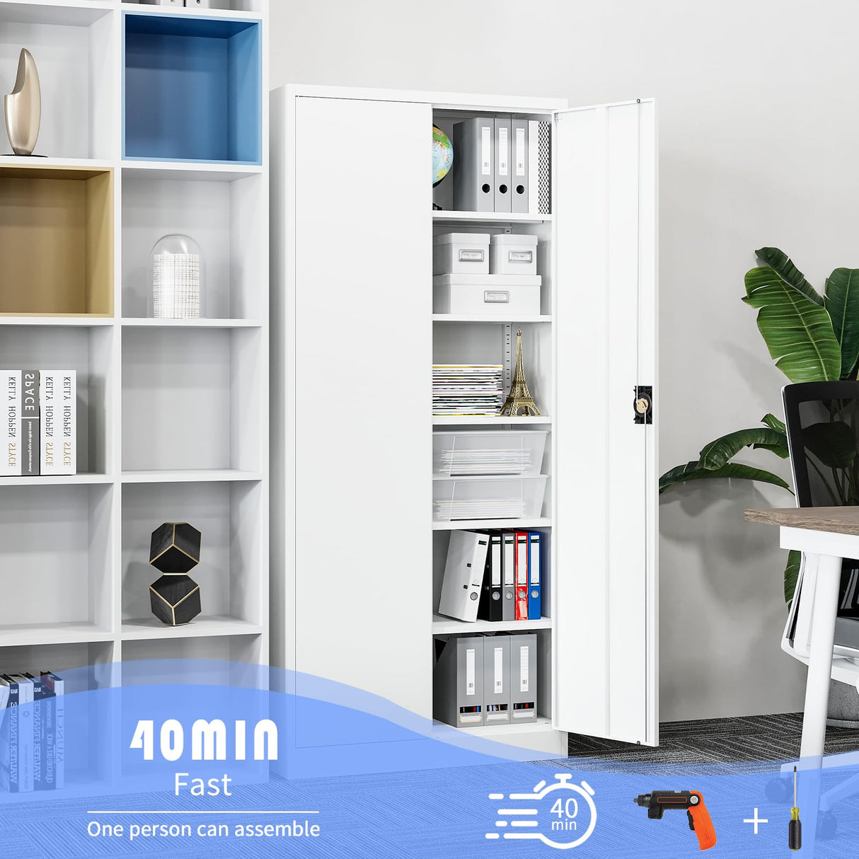 Yizosh Metal Garage Storage Cabinet with Lock, 72" Locking Tool Cabinet with 2 Doors and 5 Shelves, Tall Steel Cabinet for Garage, Heavy Duty File Cabinet for Office, School (White) Yizosh