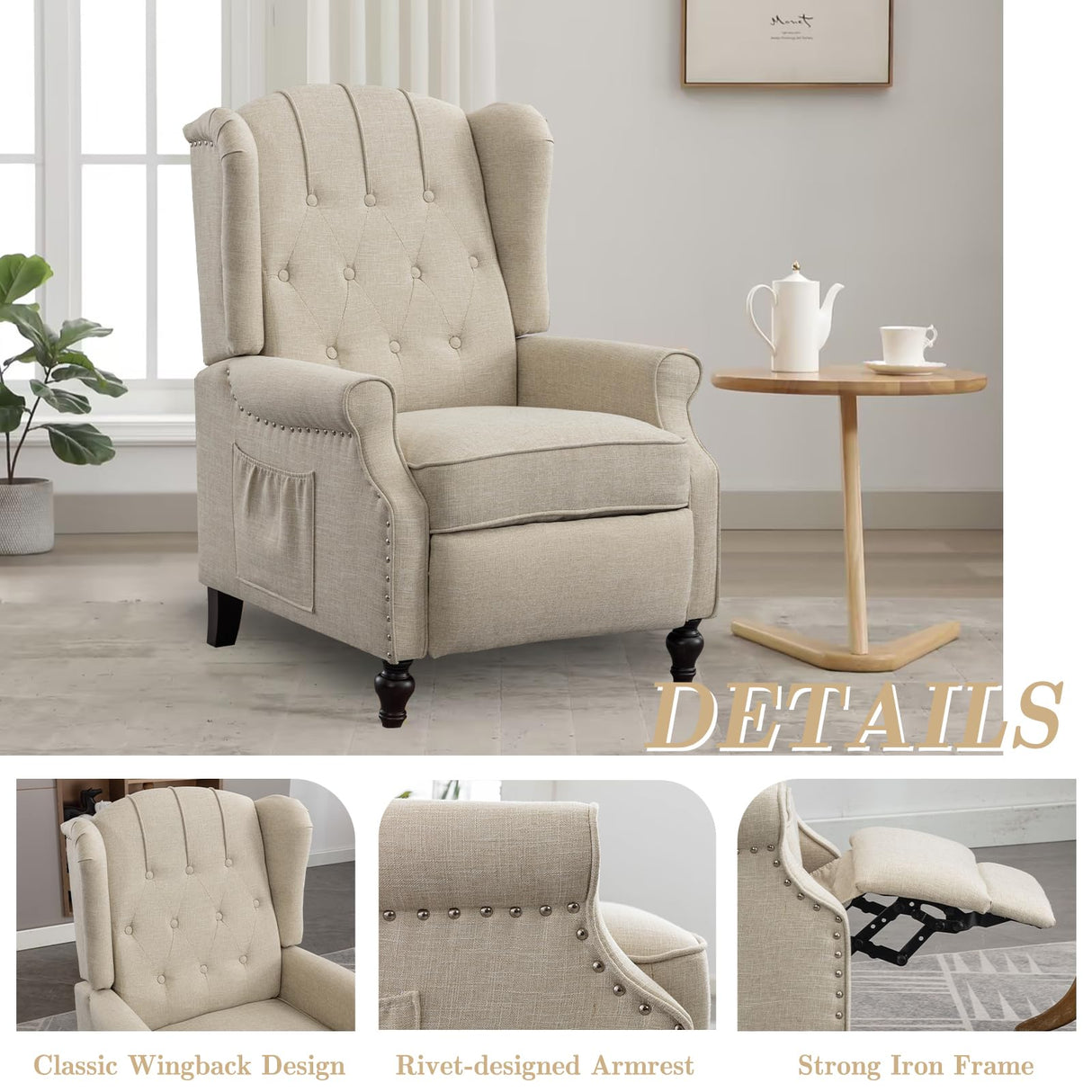 SENIFIS Pushback Recliner Chair, Linen Elizabeth Tufted Armchair Accent Chair with Massage &Heat, Mid Century Modern Wingback Single Sofa Chairs for Living Room, Small Space, Home Theater (White) SENIFIS