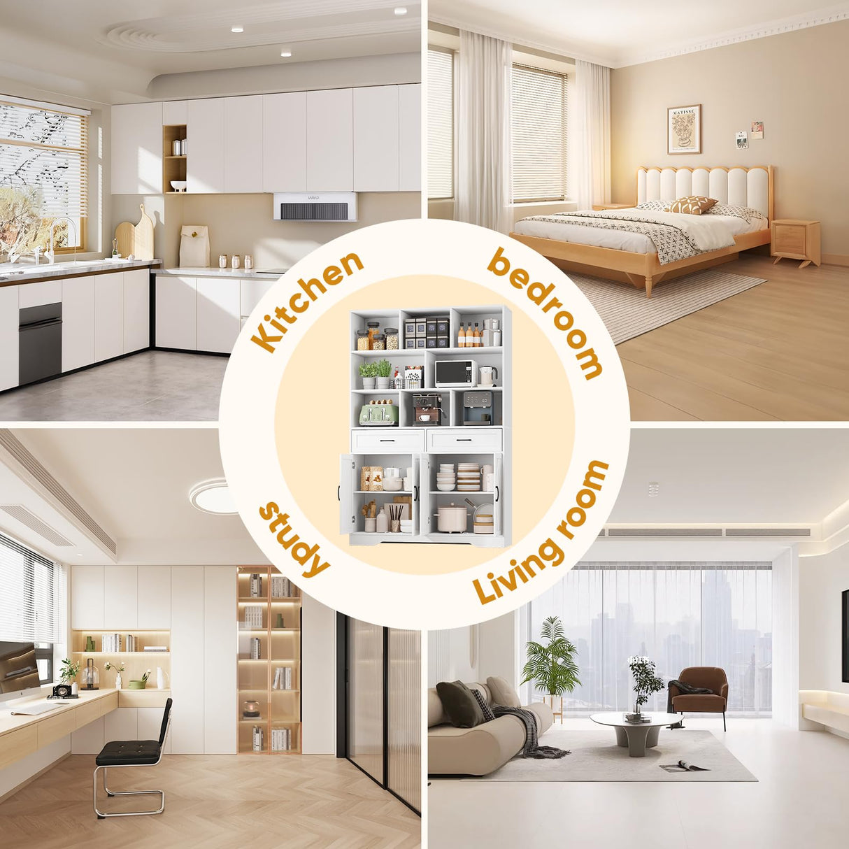 Wanttii Large Bookshelves and Bookcase with Doors, 8-Tier Wooden Bookshelves with Cabinet Doors, Tall Storage Cabinet for Home Office, Living Room, Bedroom (Industrial White) Wanttii