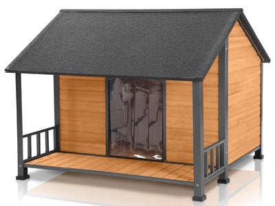 MEDEHOO Outdoor Weatherproof Dog House - Easy to Assemble Puppy Shelter with All-Around Iron Frame & Fir Wood - Ideal for Large Dog Breed