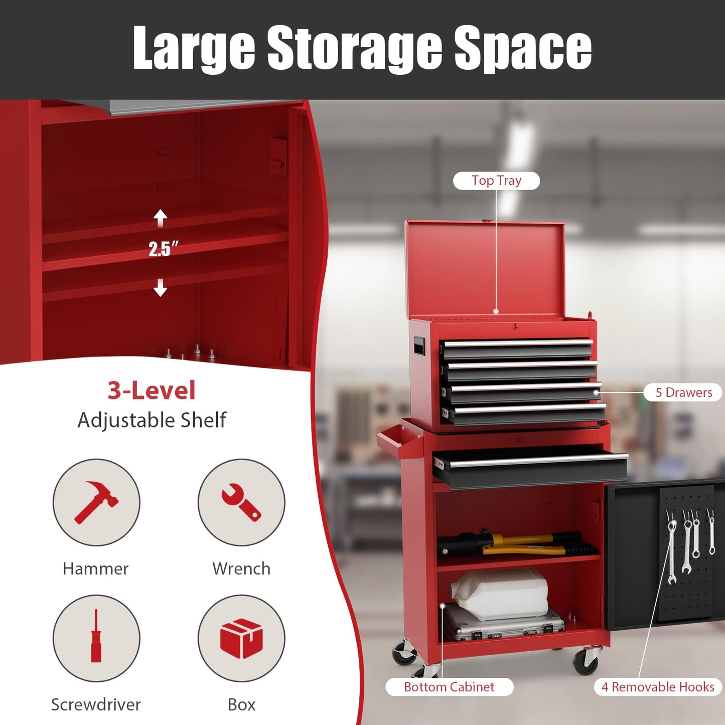 Goplus Tool Chest, 5-Drawer Rolling Tool Storage Cabinet with Detachable Top Tool Box, Liner, Universal Lockable Wheels, Adjustable Shelf, Locking Mechanism, Metal Tool Cart for Garage Worksh - WoodArtSupply