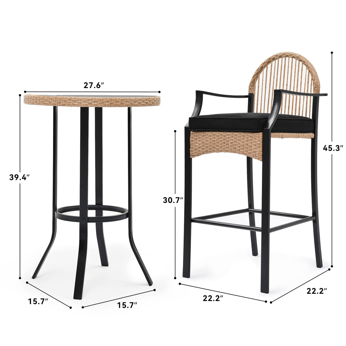 YITAHOME Patio Bar Table Sets, 3-Piece Outdoor Wicker Bar Height Bistro with Soft Cushions, Steel Frame for Poolside Balcony, Barstools (Black+Light Yellow) YITAHOME