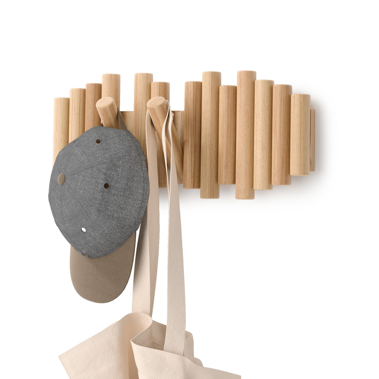 Umbra Picket 5 Hooks, Wall-Mounted Rail, Doubles as Art, Beveled Pine Wood Dowels, Natural Finish Umbra