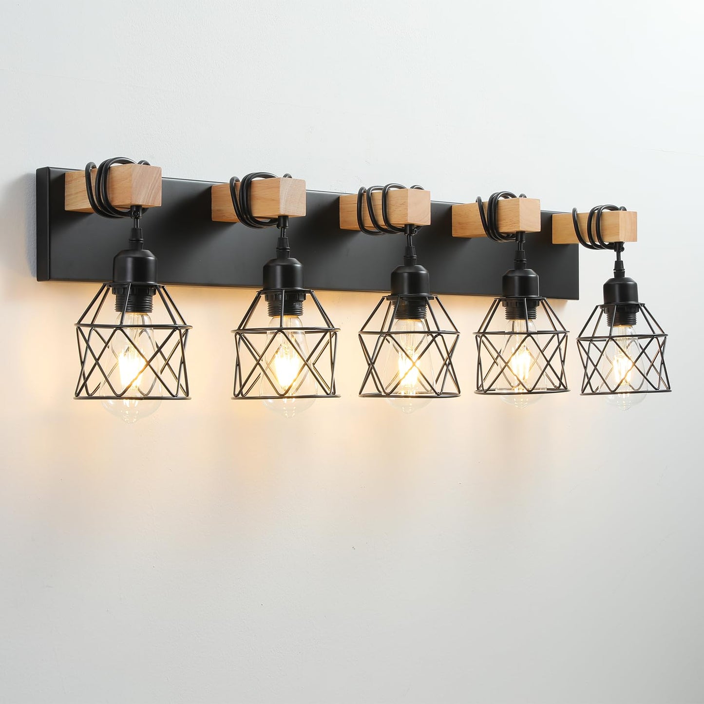 Farmhouse Vanity Light Fixture,5-Light Bathroom Lighting,Black Industrial Wood Wall Light Over Mirror with Metal Shade,LED Bulbs Included - WoodArtSupply