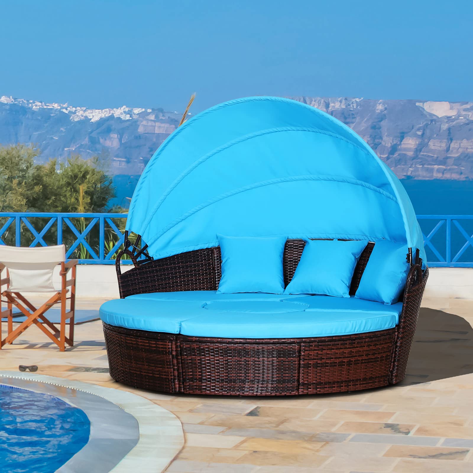 Outsunny 4-Piece Round Convertible Daybed with Cushions, Outdoor PE Rattan Patio Wicker Sofa Set, Sunbed with Adjustable Sun Canopy, Sectional Sofa, 2 Chairs, Table, 3 Pillows, Light Blue - WoodArtSupply