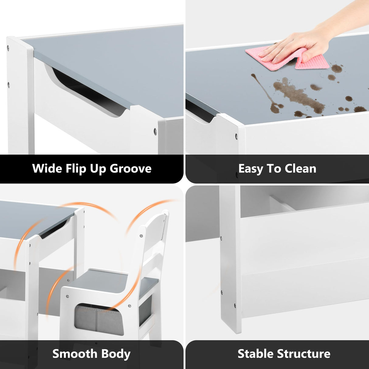 Kinder King Kids Wood Table & 2 Chairs Set, 4 in 1 Children Activity Table w/Double Bookcase, Blackboard, Toddler Furniture Set for Art, Crafts, Drawing, Reading, Playroom, Grey Kinder King