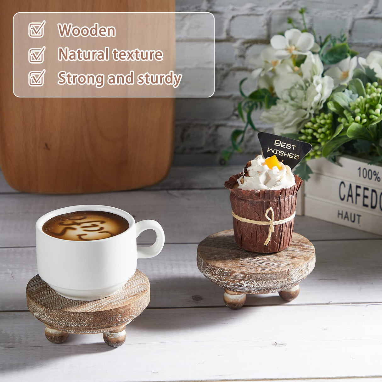 Set of 4 Mini Wood Risers for Decor Round Wooden Riser Small Wooden Stool Display Decorative Riser Stand Farmhouse Risers Rustic Wood Pedestal Stand for Plant Pot Tiered Tray Cake Food Home (Brown) Yalikop