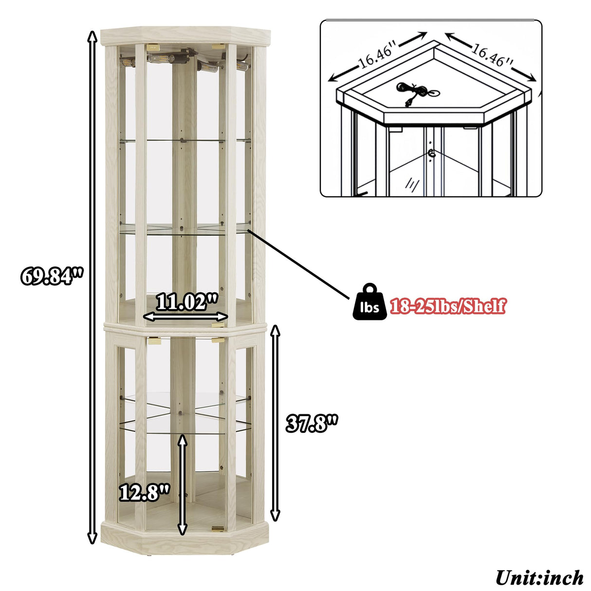 TRJQBCC 69" H Lighted Corner Display Cabinet, Curio Corner Glass Cabinet w/Adjustable Shelves & Glass Door, 5-Tier Wooden Storage Display Case w/Mirrored Back Pane for Living Room (Antique White) TRJQBCC