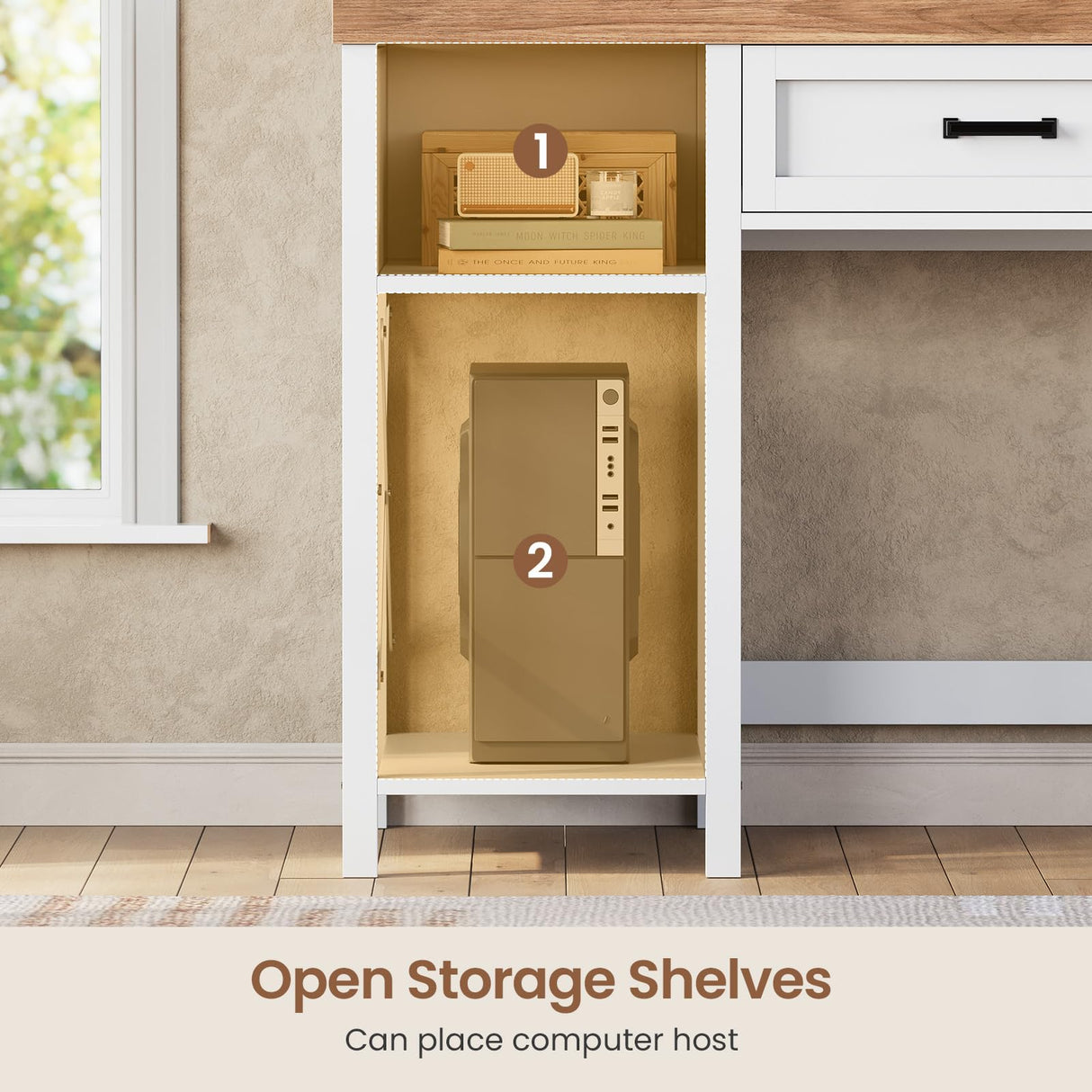 SEDETA 40" Study Table, Small Computer Desk with Drawer & Storage Shelves, Farmhouse Writing Desk for Small Space, White Home Office Desk with Power Outlet, Desk for Bedroom, Living Room SEDETA