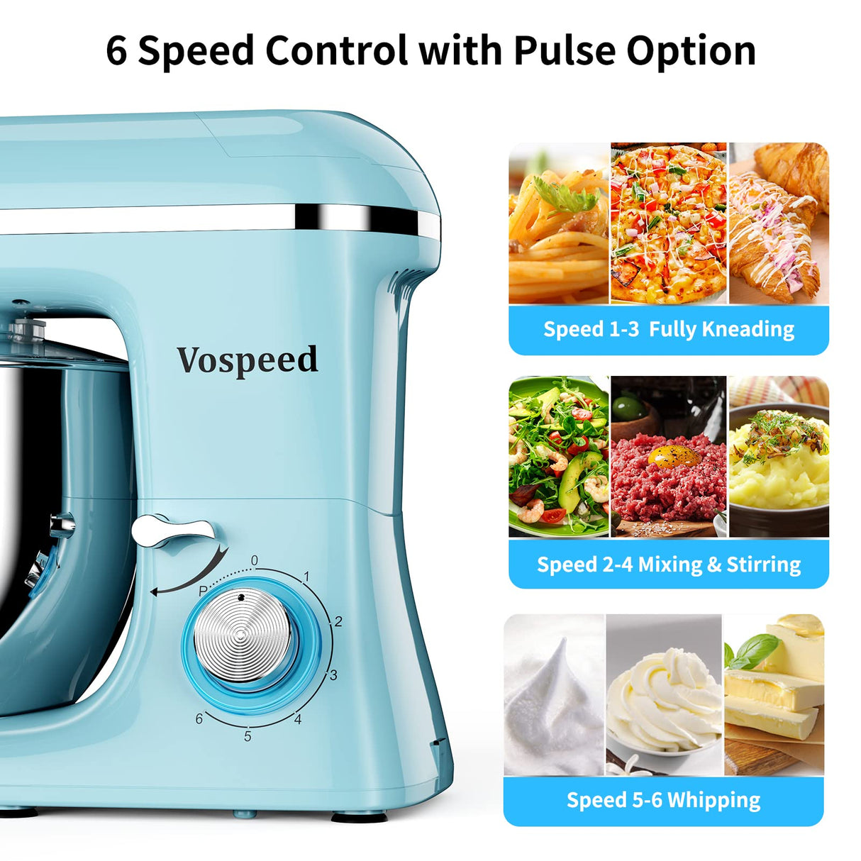 Vospeed 9 IN 1 Stand Mixer, 850W Tilt-Head Multifunctional Electric Mixer with 7.5 QT Stainless Steel Bowl, 1.5L Glass Jar, Meat Grinder, Hook, Whisk, Beater Dishwasher Safe (Blue) Vospeed