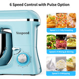 Vospeed 9 IN 1 Stand Mixer, 850W Tilt-Head Multifunctional Electric Mixer with 7.5 QT Stainless Steel Bowl, 1.5L Glass Jar, Meat Grinder, Hook, Whisk, Beater Dishwasher Safe (Blue) Vospeed