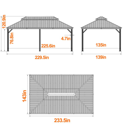 Yardenaler 12x20 FT Gazebo Wooden Finish & Metal Frame, Double Roof Permanent Outdoor Pavilion with Curtain & Netting for Patio. Garden, Backyard - WoodArtSupply