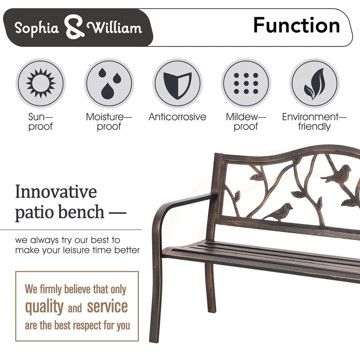 Sophia & William Outdoor Bench, Porch Bench, Garden Bench, Wrought Iron Bench with Backrest and Armrests, Bronze Sophia & William