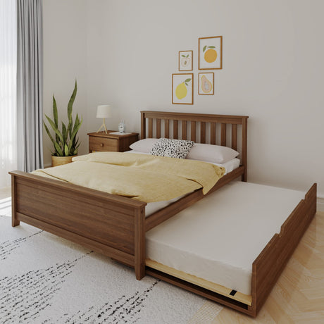 Max & Lily Full Bed, Wood Bed Frame with Headboard for Kids with Trundle, Slatted, Walnut Max & Lily
