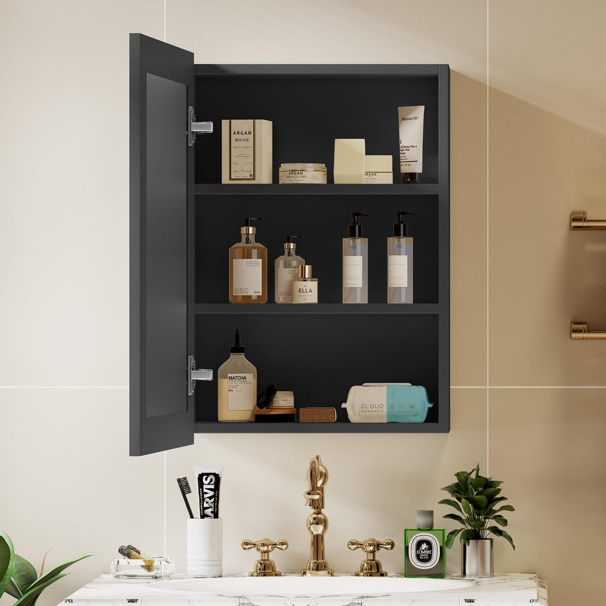 JBLCC Medicine Cabinet with Mirror (Full Assembled), 16''x22'' Aluminum Bathroom Mirror with Storage, Wall Mounted or Recessed Medicine Cabinet, Black JBLCC