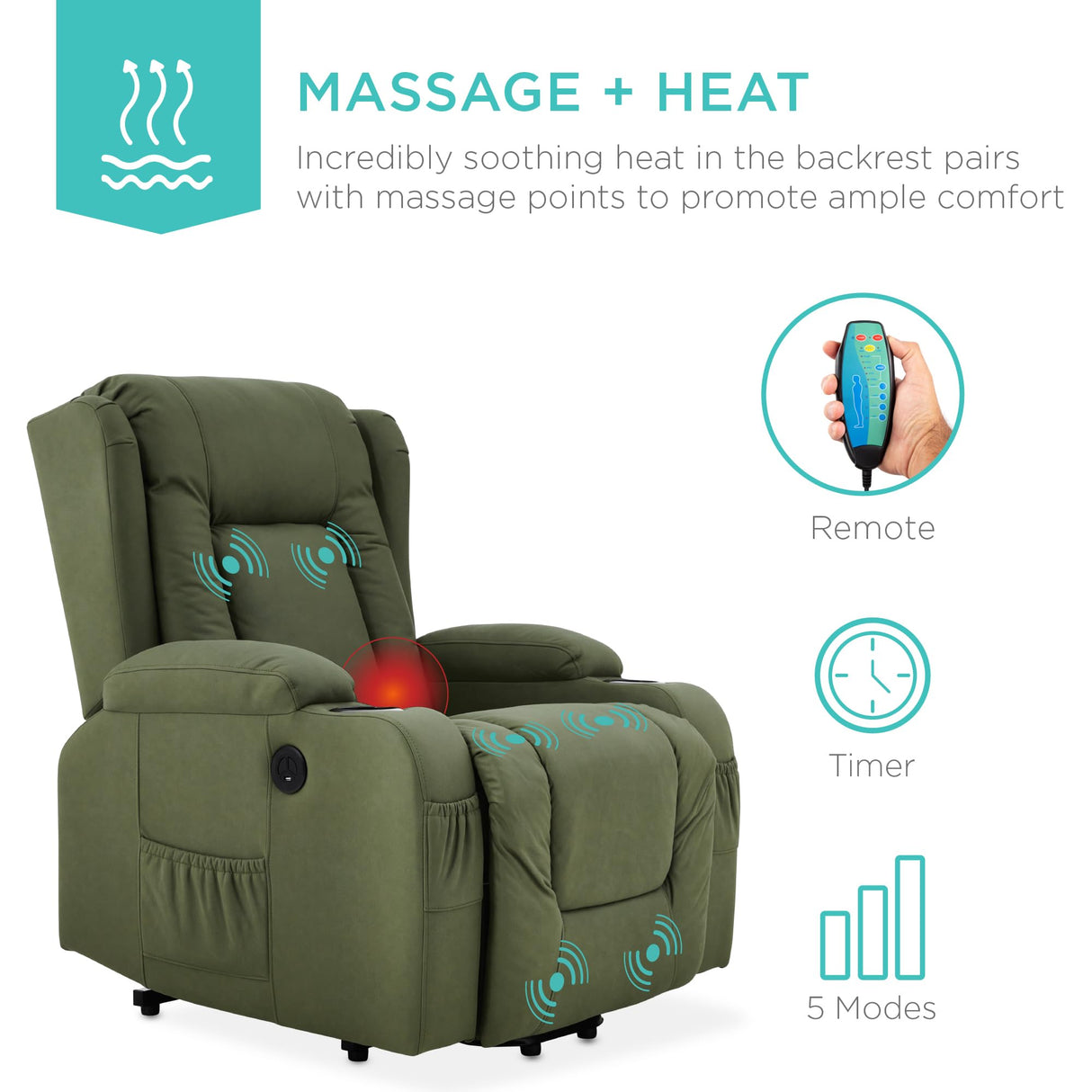 Best Choice Products PU Leather Electric Power Lift Chair, Recliner Massage Chair, Adjustable Furniture for Back, Legs w/ 3 Positions, USB Port, Heat, Cupholders, Easy-to-Reach Side Button - Olive Best Choice Products