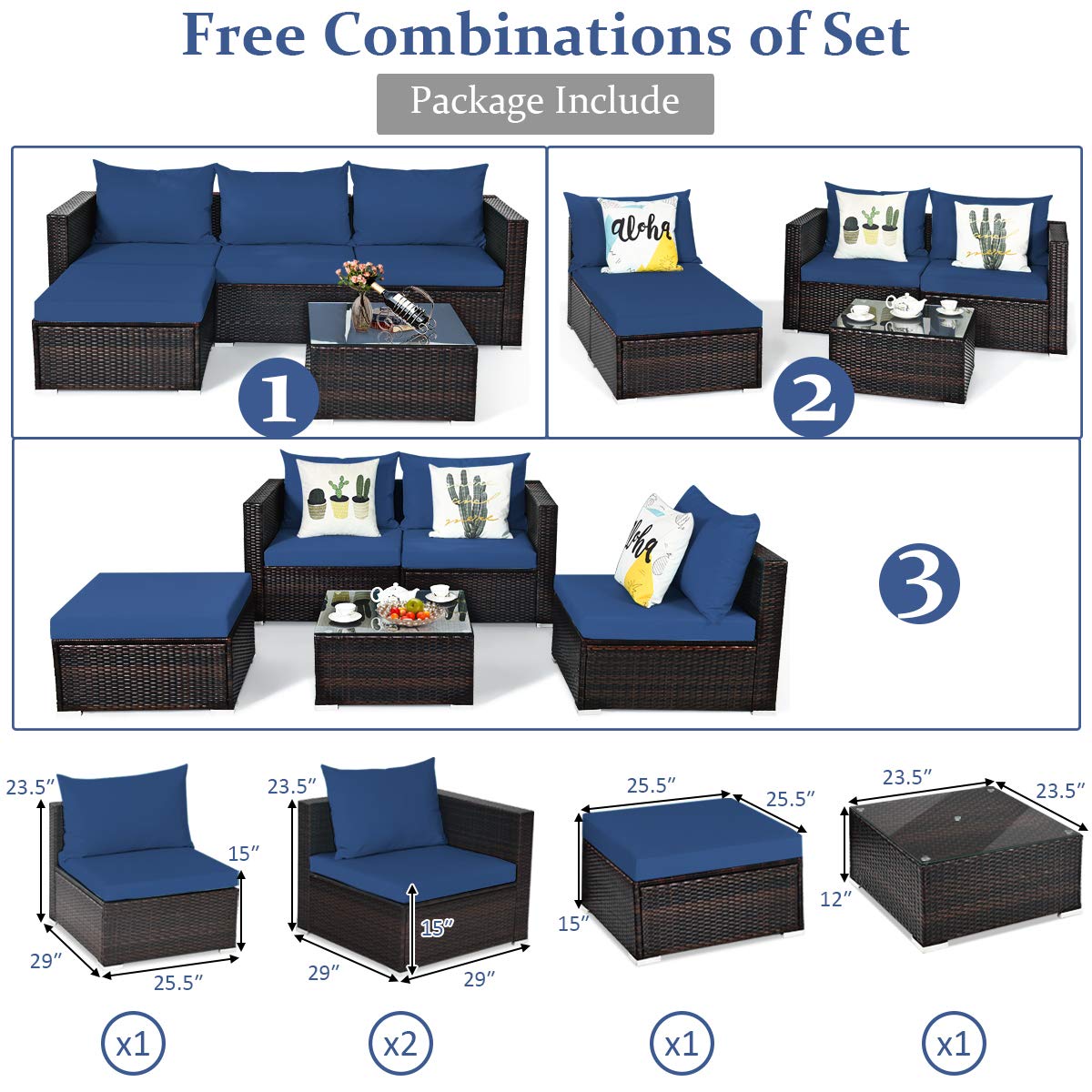 COSTWAY 5PCS Patio Rattan Furniture Set Sectional Conversation Sofa w/Coffee Table Navy COSTWAY