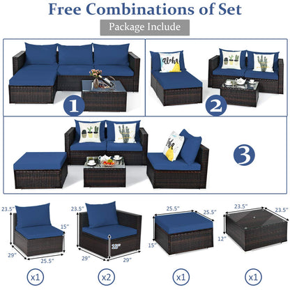 COSTWAY 5PCS Patio Rattan Furniture Set Sectional Conversation Sofa w/Coffee Table Navy - WoodArtSupply