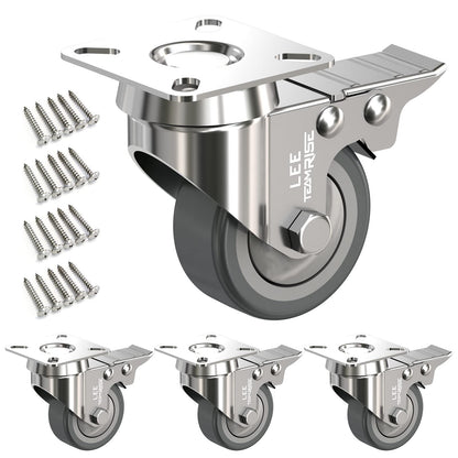 2" Caster Wheels Set of 4 Heavy Duty Plate Casters with Brake 2 inch Dual Locking Castors and No Noise TPR Rubber Wheel No Floor Marks Silent Castor Swivel for Furniture 4 Pack up 440Lbs, Free Screws