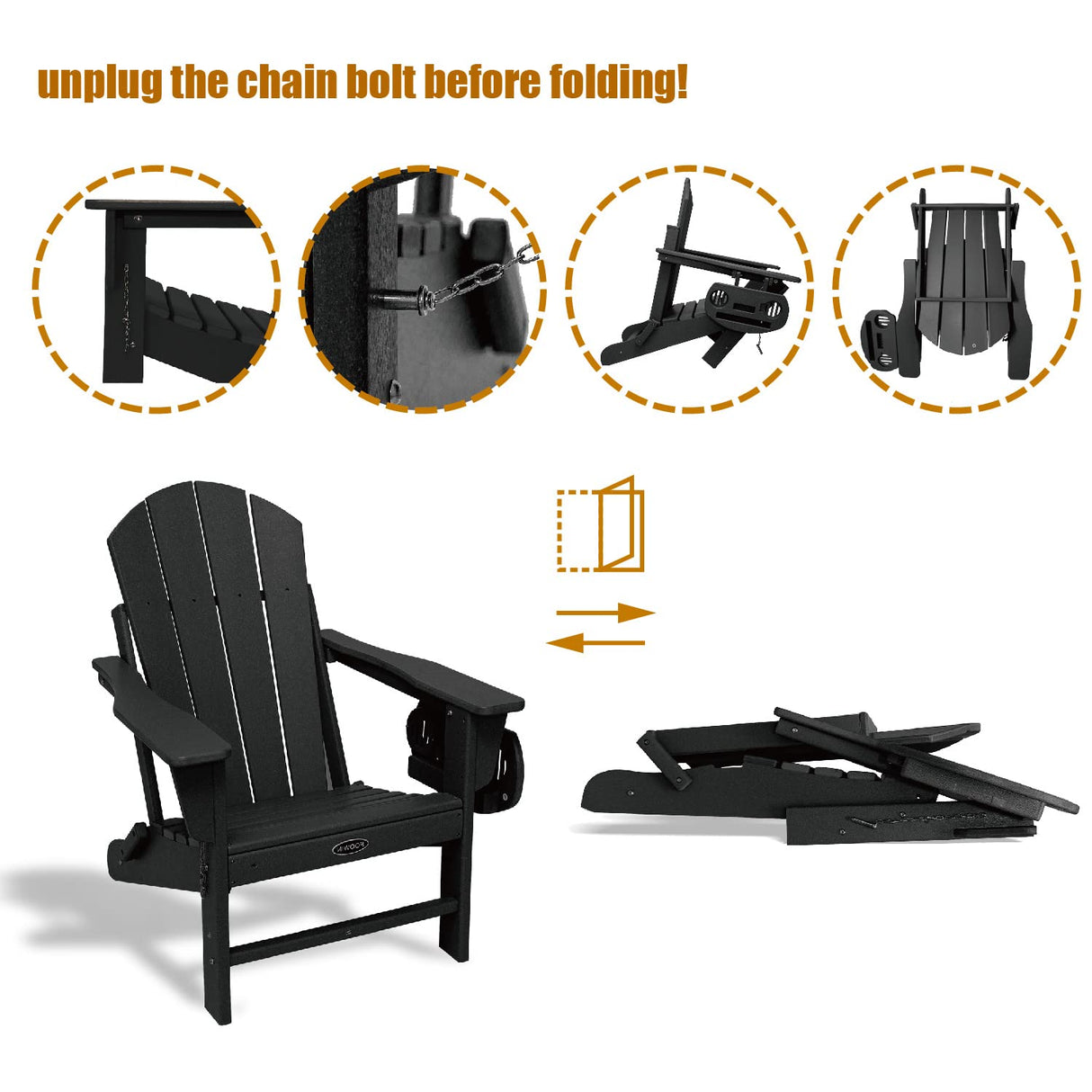 FOOWIN HDPE Folding Adirondack Chair Set of 4, All-Weather Resistant Adirondack Chair w/4 in 1 Cup Holder Trays, Adirondack Chairs for Outdoor, Patio, Lawn, Garden, Backyard Deck(Set of 4, Black) FOOWIN