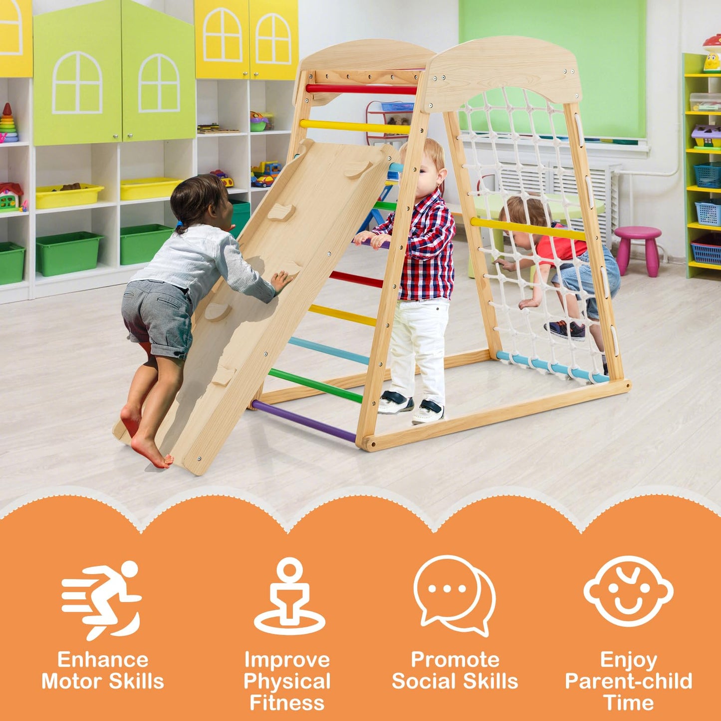 Costzon Indoor Jungle Gym, 6-in-1 Montessori Climbing Toys for Toddlers with Double-Sided Slide, Climbing Rock/Net, Indoor Wooden Playground Climber Playset for Kids 2-6 Years Birthday