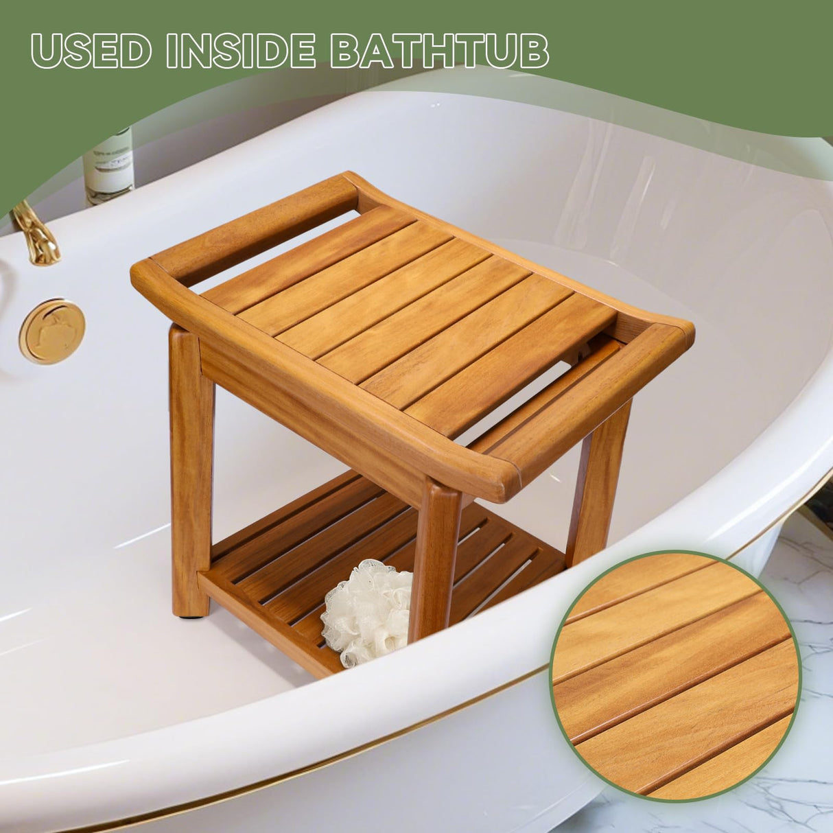 17" Teak Shower Chair with Storage Shelf & Handle, Non-Slip Waterproof Wooden Shower Bench, Stable Bathroom Seat and Heavy Duty Shower Stool for Tub or Indoor Use, Ideal for Elderly, Recovery ACTESE