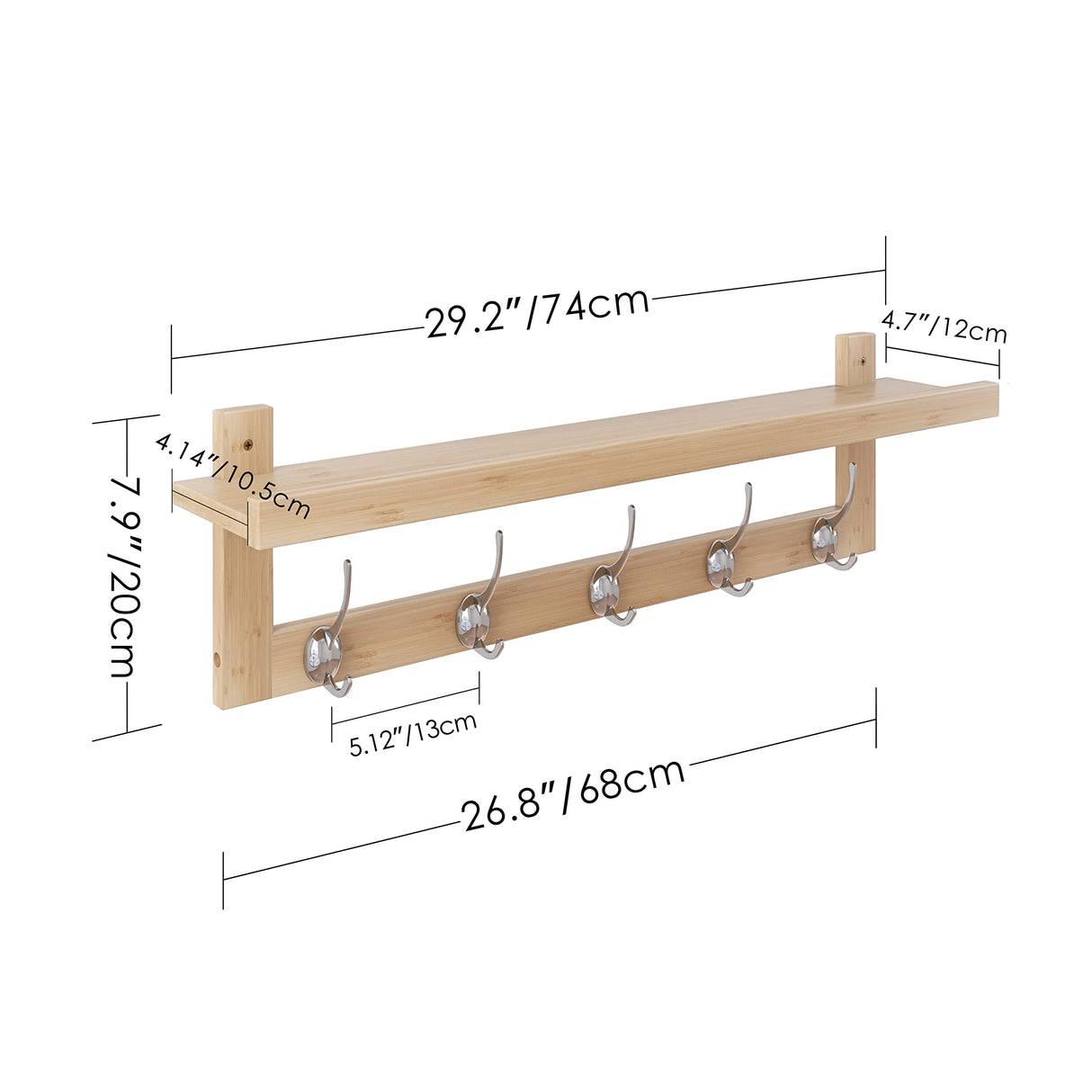 SMIBUY Coat Hooks with Shelf Wall-Mounted, 29.2 Inch Entryway Coat Rack for Wall, Bamboo Hanging Shelf with 5 Double Metal Hooks for Bathroom, Bedroom, Kitchen, Living Room, Mudroom (Natural) SMIBUY