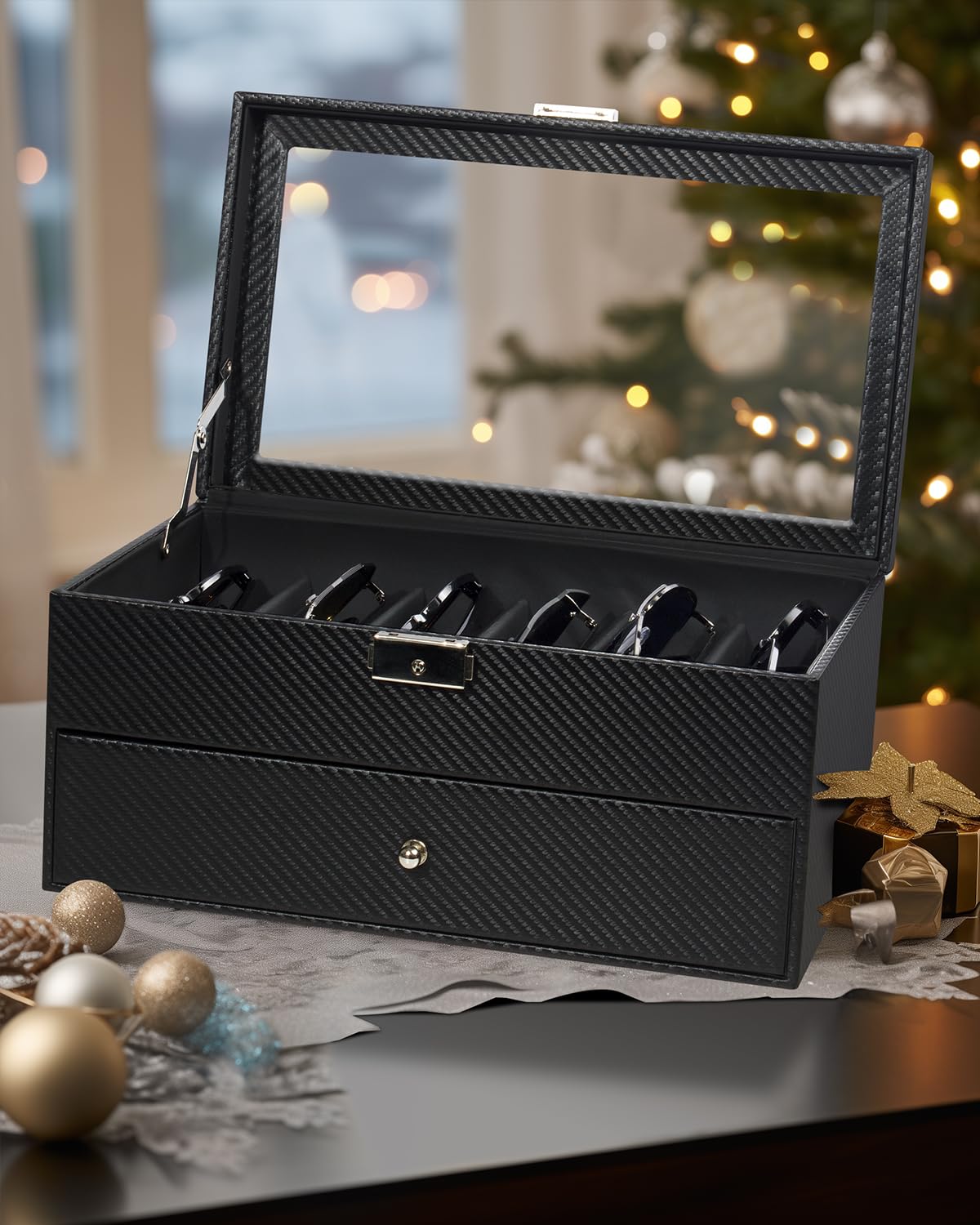 GUKA 2-layer Sunglasses Storage Organizer, 12 Slots Leather Sunglass Box Multiple Pairs Eyeglass Display Case for Women Men, Gift Idea (Black+Black) GUKA