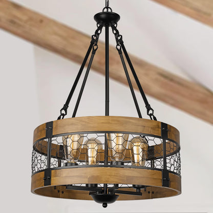 Sigaitwei Wood Farmhouse Chandelier Rustic Light Fixture, 4-Light Round Chandelier for Dining Room Entryway Kitchen Island Foyer,Vintage Wood and Metal Honeycomb Grid Finish