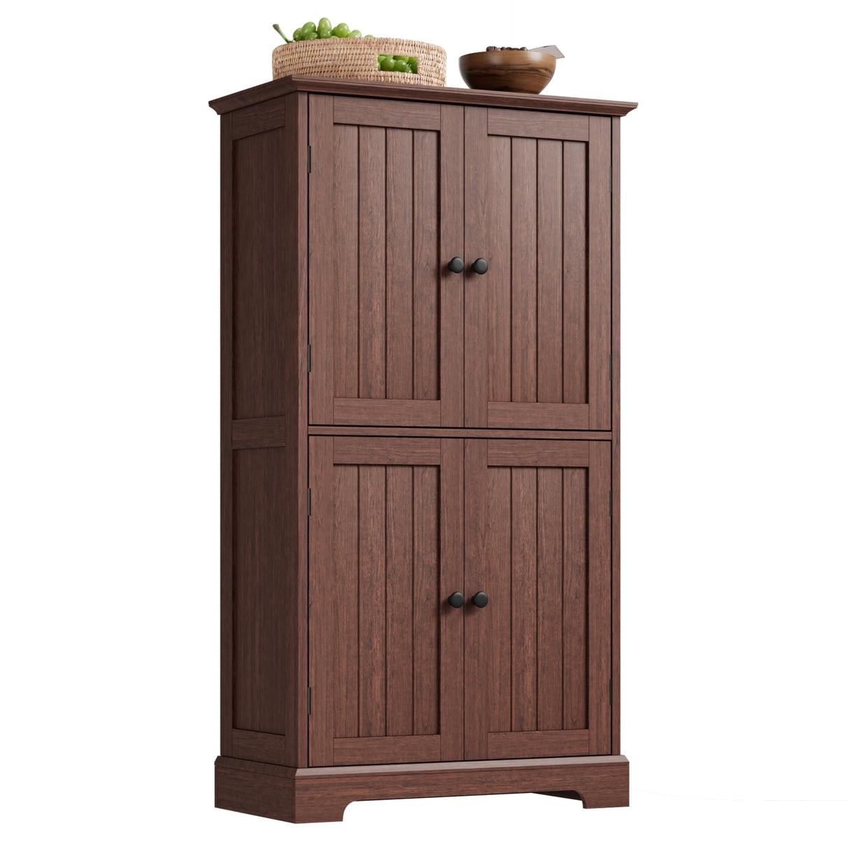 ChooChoo Bathroom Floor Cabinet, Farmhouse Bathroom Storage Cabinet with 4 Doors and Adjustable Shelves, Pantry Cabinet for Living Room, Kitchen, Walnut ChooChoo