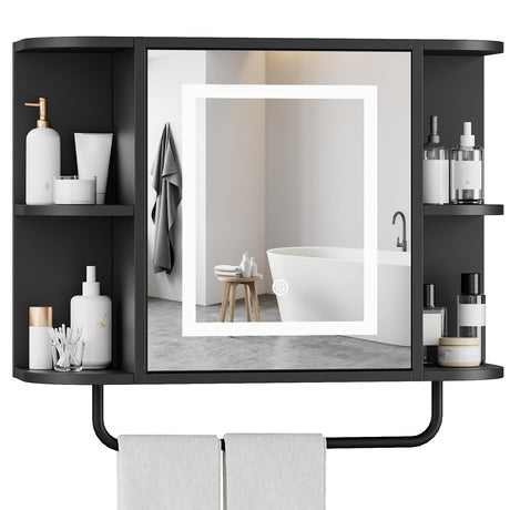 Bathroom Wall Cabinet with Mirror, Mirrored Medicine Cabinet with 3 Colors LED Light and 4 Open Shelves, Wall Mounted Over Toilet Storage Cabinets with Adjustable Shelf, 21.7"L x 6.7"W x 18.1"H, Black MAHANCRIS