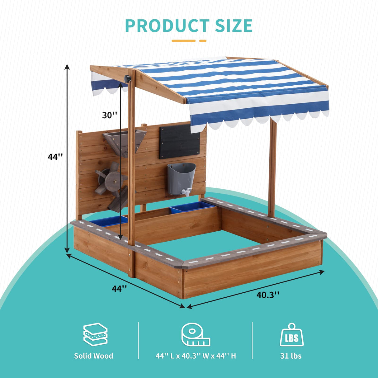 Kids Large Wooden SandBoxes with Roof, Pipleo Outdoor Sand Box Play w/Canopy for Backyard Garden Beach, Sand Pit for Beach Patio Outdoor, [Adjustable Cover & Sand Funnel & Drawing Board] - Brown Oak Pipleo