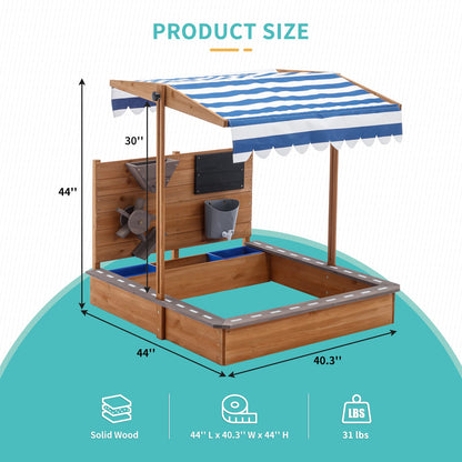 Kids Large Wooden SandBoxes with Cover, MOOITZ Outdoor Sand Box Play w/Canopy for Backyard Garden Beach, Sand Pit for Beach Patio Outdoor, [Adjustable Roof & Sand Funnel & Drawing Board] - Br - WoodArtSupply