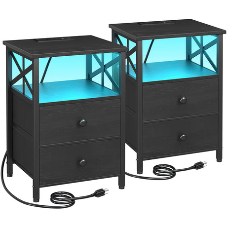 AMHANCIBLE Night Stand Set 2, LED Nightstands for Bedroom Set of 2 with Charging Station, End Table with USB Port and Outlet, Side Table with 2 Storage Drawers for Living Room, Black, HET052LBK AMHANCIBLE
