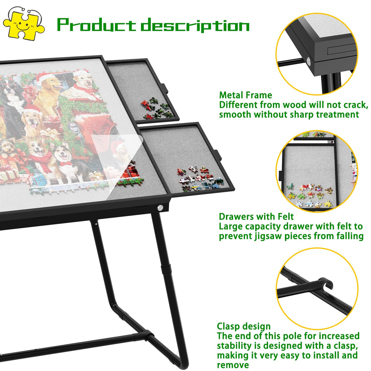 Doerpuz Jigsaw Puzzle Table Adjustable Height-18,28inch,2 in 1 Design Metal Puzzle Table with Legs Aluminium,Puzzle Tables for Adluts and Kids,Foldable Puzzle Table with Drawers,Felt,and Cover Doerpuz