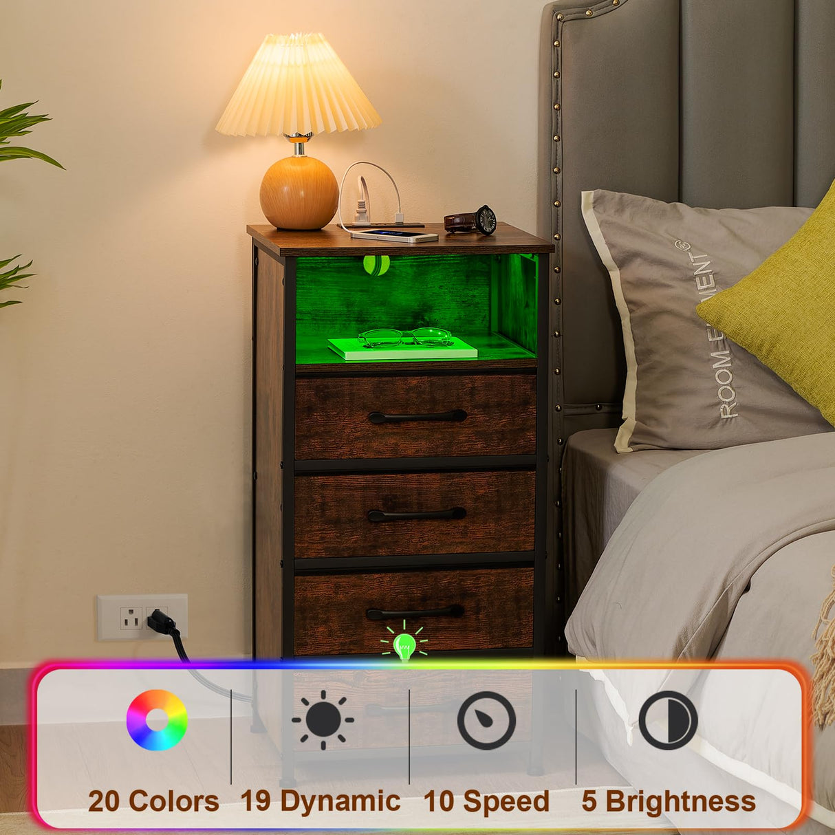 LOAKEKEL Night Stand Set 2, Tall Nightstand with Charging Station, Dresser for Bedroom with 4 Drawers, LED End Tables with USB Ports and Outlets, Rustic Brown, HNS034PBR LOAKEKEL