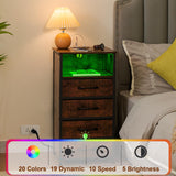 LOAKEKEL Night Stand Set 2, Tall Nightstand with Charging Station, Dresser for Bedroom with 4 Drawers, LED End Tables with USB Ports and Outlets, Rustic Brown, HNS034PBR LOAKEKEL