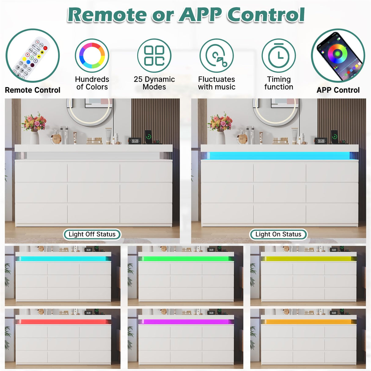 St.Mandyu 9 Drawer Dresser with Power Outlet, 63" Wide Dresser with LED Light, Modern Chest of Drawers for Closet, Double Drawer Organizer Cabinet for Bedroom, Living Room, White St.Mandyu