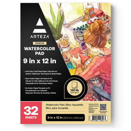 ARTEZA Watercolor Paper, 32 Sheets Each, 9x12 Inch Water Color Paper, 140lb/300gsm, Cold Press, Acid Free Art Paper ARTEZA