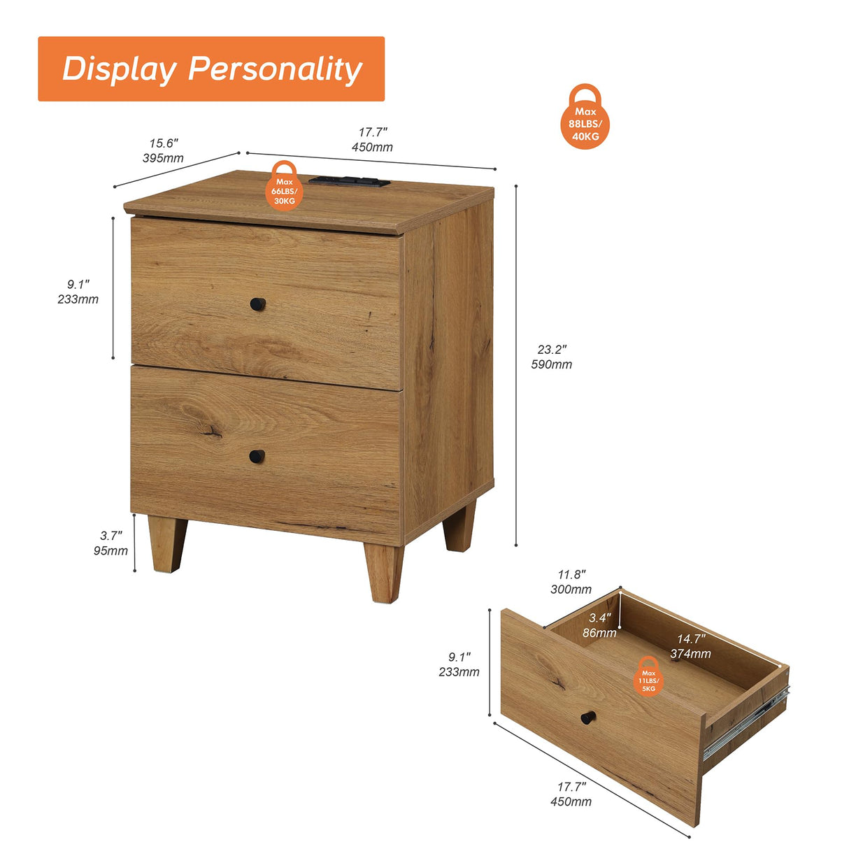 Set of 2 Nightstands with Charging Station &2 Drawers Storage Shelf, Modern End Tables Farmhouse Wood Bedside Table for Living Room and Bedroom,Oak Brown WAMPAT