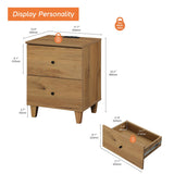 Set of 2 Nightstands with Charging Station &2 Drawers Storage Shelf, Modern End Tables Farmhouse Wood Bedside Table for Living Room and Bedroom,Oak Brown WAMPAT