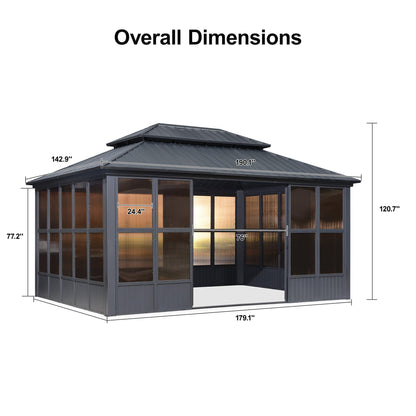 PURPLE LEAF 12' X 16' Solarium Sunroom Permanent Hardtop Gazebo Galvanized Steel Double Roof Aluminum Outdoor Screen House for Lawn Deck Backyard Grey - WoodArtSupply