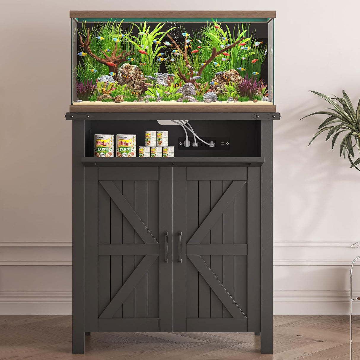 Saudism 20 Gallon Aquarium Stand With Charging Station, Farmhouse Fish Tank Stand, Reptile Tank Stand Terrarium Stand with Drawer and Cabinet Storage, Sturdy Heavy Duty 27.6"×15.7" Tabletop - Black Saudism