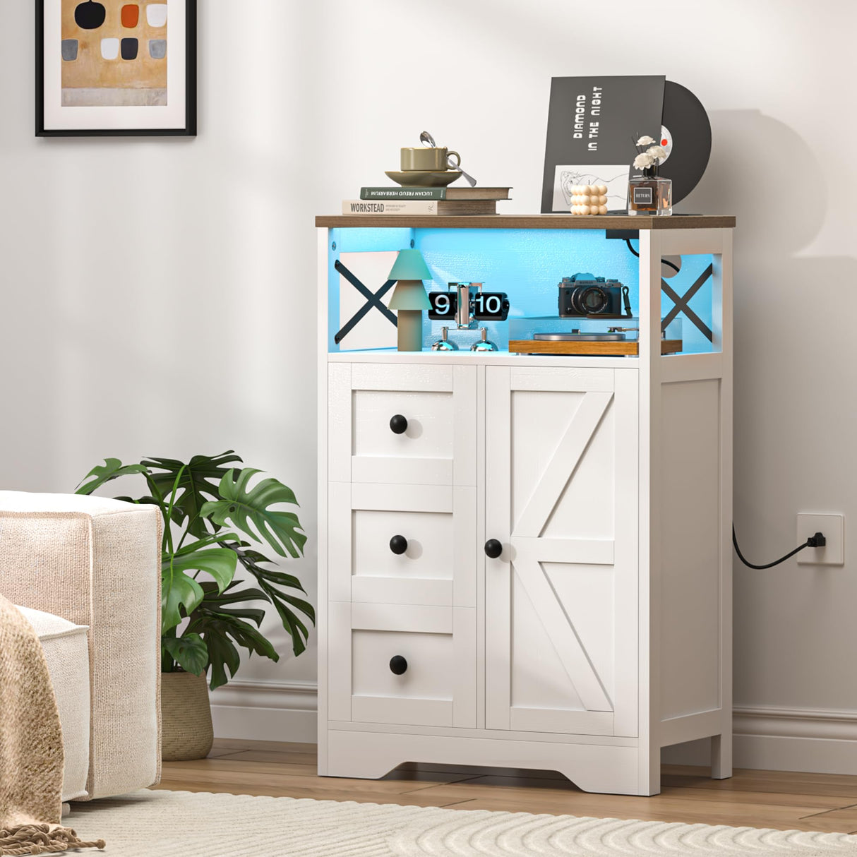 Yoobure LED Storage Cabinet with Doors and Shelves, Farmhouse Coffee Bar Pantry Cabinet with Drawers and Power Outlet, Wood Sideboard for Entryway Bathroom Dining Room Living Room Bedroom, White Yoobure