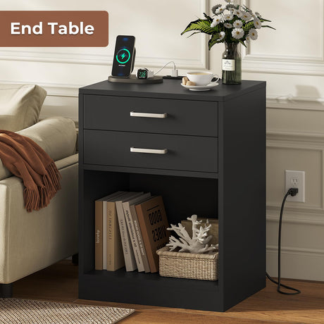 ADORNEVE Night Stand Set 2,Black Nightstand with Charging Station & Drawers,Night Stands for Bedrooms Set of 2,Bedside Table with Drawers ADORNEVE